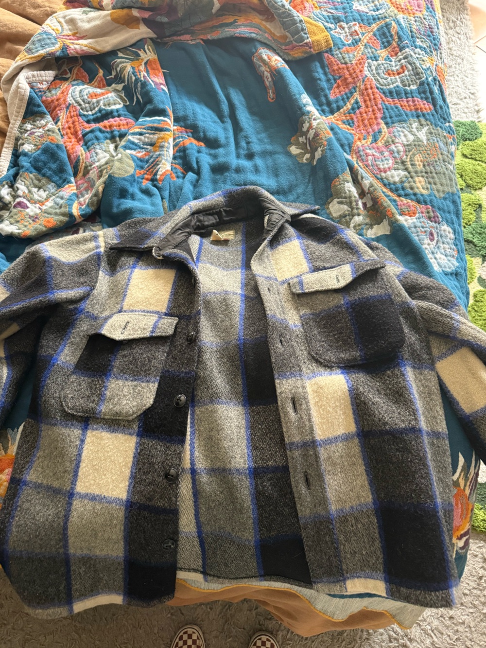 L.L. Bean Gray, Cream & Blue Plaid Button-Front Shirt Jacket